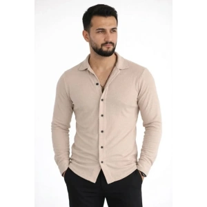 Erkek Waffle Kumaş Uzun Kollu Düğmeli Açık Yaka Regular Fit Gömlek - Bej