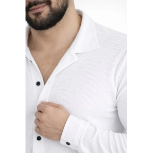 Erkek Waffle Kumaş Uzun Kollu Düğmeli Açık Yaka Regular Fit Gömlek - Beyaz