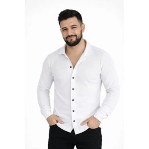 Erkek Waffle Kumaş Uzun Kollu Düğmeli Açık Yaka Regular Fit Gömlek - Beyaz
