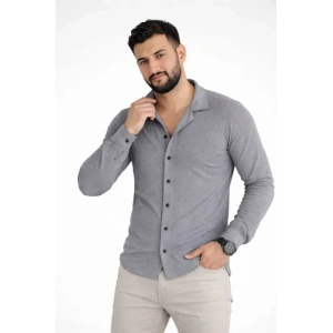 Erkek Waffle Kumaş Uzun Kollu Düğmeli Açık Yaka Regular Fit Gömlek - Füme