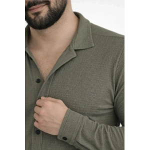 Erkek Waffle Kumaş Uzun Kollu Düğmeli Açık Yaka Regular Fit Gömlek - Haki