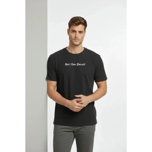 Erkek Wafıl Kumaş Tişört Regular Kalıp Bisiklet Yaka Baskılı Günlük Basic T-Shirt - Siyah