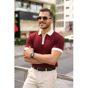 Erkek Yaka Ve Kol Detaylı Fermuar Yakalı Çizgi Desen Kısa Kollu Triko Tişört