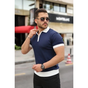 Erkek Yaka Ve Kol Detaylı Fermuar Yakalı Çizgi Desen Kısa Kollu Triko Tişört