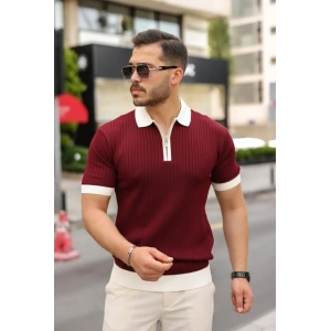 Erkek Yaka Ve Kol Detaylı Fermuar Yakalı Çizgi Desen Kısa Kollu Triko Tişört