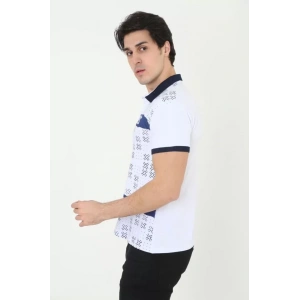 Erkek Yakalı Slim Fit Baskılı T-Shirt - Beyaz