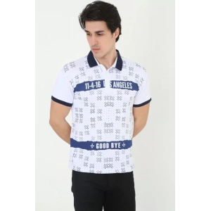 Erkek Yakalı Slim Fit Baskılı T-Shirt - Beyaz