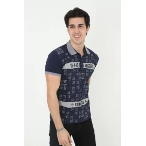 Erkek Yakalı Slim Fit Baskılı T-Shirt - Lacivert