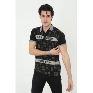 Erkek Yakalı Slim Fit Baskılı T-Shirt - Siyah