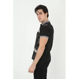 Erkek Yakalı Slim Fit Baskılı T-Shirt - Siyah