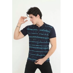 Erkek Yakalı Slim Fit Pike Çizgili T-Shirt - Lacivert