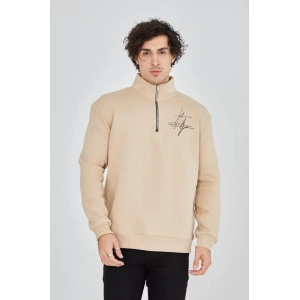 Erkek Yarım Fermuarlı Baskılı Sweat - Bej