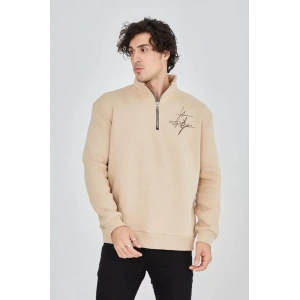 Erkek Yarım Fermuarlı Baskılı Sweat - Bej
