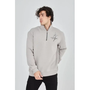 Erkek Yarım Fermuarlı Baskılı Sweat - Boyalı Gri