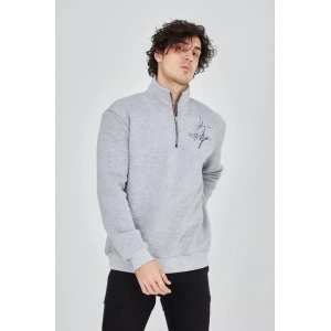Erkek Yarım Fermuarlı Baskılı Sweat - Gri
