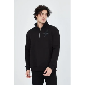 Erkek Yarım Fermuarlı Baskılı Sweat - Siyah
