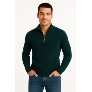 Erkek Yarım Fermuarlı Triko Kazak – Selanik Örgü, Dik Yaka, Pamuklu Dokuma, Regular Fit Uzun Kollu Kışlık Model - Haki