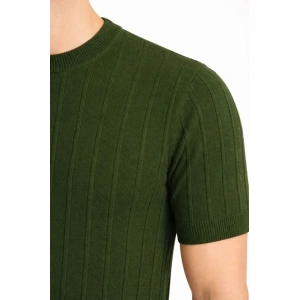Erkek Yazlık Fitilli Triko Tişört Kısa Kol Bisiklet Yaka T-Shirt - Haki