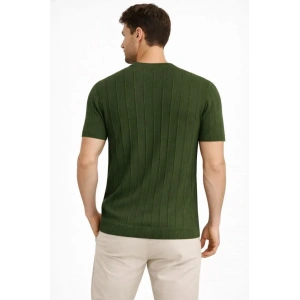 Erkek Yazlık Fitilli Triko Tişört Kısa Kol Bisiklet Yaka T-Shirt - Haki