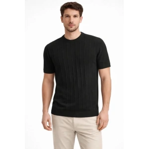 Erkek Yazlık Fitilli Triko Tişört Kısa Kol Bisiklet Yaka T-Shirt - Siyah