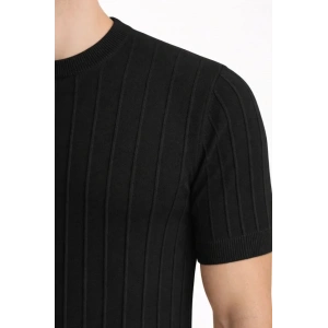 Erkek Yazlık Fitilli Triko Tişört Kısa Kol Bisiklet Yaka T-Shirt - Siyah
