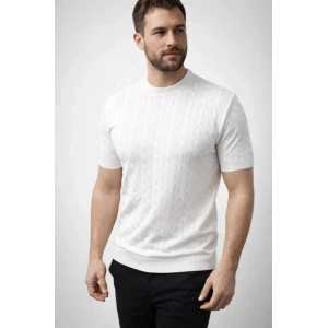 Erkek Yazlık Triko Dokuma Tişört Kısa Kol Bisiklet Yaka Örgü Desenli T-Shirt - Beyaz