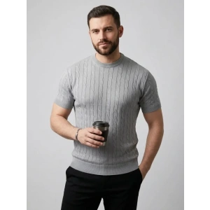 Erkek Yazlık Triko Dokuma Tişört Kısa Kol Bisiklet Yaka Örgü Desenli T-Shirt - Gri