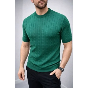 Erkek Yazlık Triko Dokuma Tişört Kısa Kol Bisiklet Yaka Örgü Desenli T-Shirt - Haki