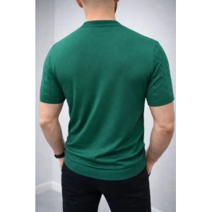 Erkek Yazlık Triko Dokuma Tişört Kısa Kol Bisiklet Yaka Örgü Desenli T-Shirt - Haki