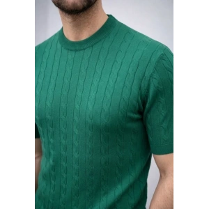 Erkek Yazlık Triko Dokuma Tişört Kısa Kol Bisiklet Yaka Örgü Desenli T-Shirt - Haki