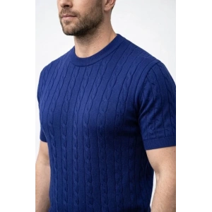 Erkek Yazlık Triko Dokuma Tişört Kısa Kol Bisiklet Yaka Örgü Desenli T-Shirt - Lacivert