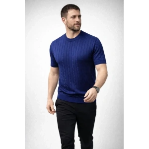 Erkek Yazlık Triko Dokuma Tişört Kısa Kol Bisiklet Yaka Örgü Desenli T-Shirt - Lacivert