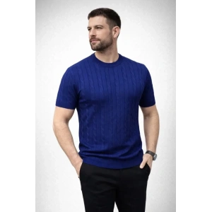 Erkek Yazlık Triko Dokuma Tişört Kısa Kol Bisiklet Yaka Örgü Desenli T-Shirt - Lacivert