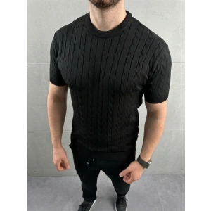 Erkek Yazlık Triko Dokuma Tişört Kısa Kol Bisiklet Yaka Örgü Desenli T-Shirt - Siyah