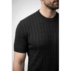 Erkek Yazlık Triko Dokuma Tişört Kısa Kol Bisiklet Yaka Örgü Desenli T-Shirt - Siyah