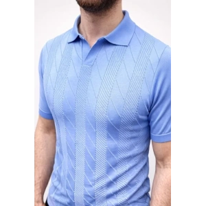 Erkek Yazlık Triko Dokuma Tişört Kısa Kol Polo Yaka T-Shirt - Bebek Mavisi