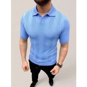 Erkek Yazlık Triko Dokuma Tişört Kısa Kol Polo Yaka T-Shirt - Bebek Mavisi