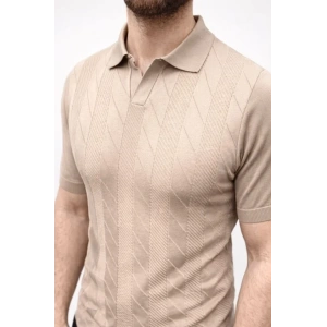 Erkek Yazlık Triko Dokuma Tişört Kısa Kol Polo Yaka T-Shirt - Bej