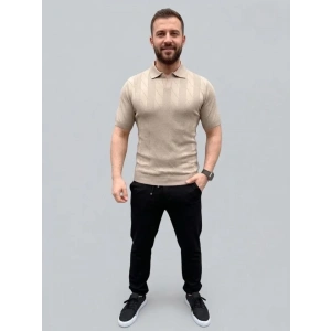 Erkek Yazlık Triko Dokuma Tişört Kısa Kol Polo Yaka T-Shirt - Bej