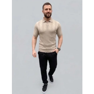 Erkek Yazlık Triko Dokuma Tişört Kısa Kol Polo Yaka T-Shirt - Bej