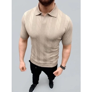 Erkek Yazlık Triko Dokuma Tişört Kısa Kol Polo Yaka T-Shirt - Bej