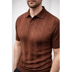 Erkek Yazlık Triko Dokuma Tişört Kısa Kol Polo Yaka T-Shirt - Kahverengi
