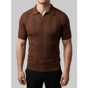 Erkek Yazlık Triko Dokuma Tişört Kısa Kol Polo Yaka T-Shirt - Kahverengi