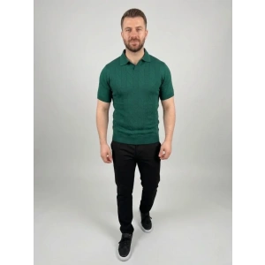 Erkek Yazlık Triko Dokuma Tişört Kısa Kol Polo Yaka T-Shirt - Koyu Yeşil