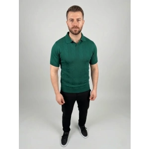 Erkek Yazlık Triko Dokuma Tişört Kısa Kol Polo Yaka T-Shirt - Koyu Yeşil