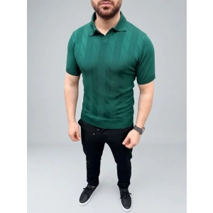 Erkek Yazlık Triko Dokuma Tişört Kısa Kol Polo Yaka T-Shirt - Koyu Yeşil