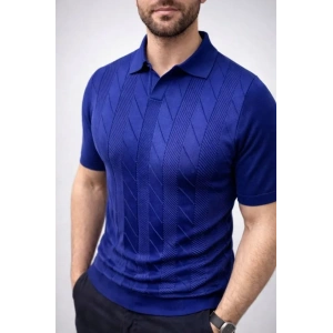Erkek Yazlık Triko Dokuma Tişört Kısa Kol Polo Yaka T-Shirt - Lacivert