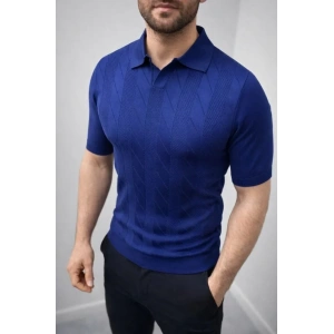 Erkek Yazlık Triko Dokuma Tişört Kısa Kol Polo Yaka T-Shirt - Lacivert
