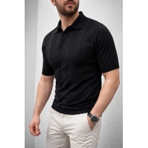 Erkek Yazlık Triko Dokuma Tişört Kısa Kol Polo Yaka T-Shirt - Siyah