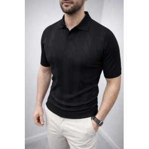 Erkek Yazlık Triko Dokuma Tişört Kısa Kol Polo Yaka T-Shirt - Siyah